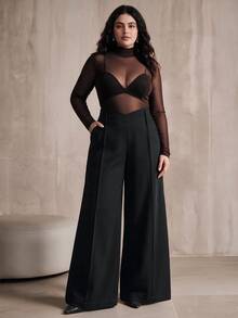 Anewsta Autumn/Winter New Solid Color Premium V-Shaped High Waist Fashion Pocket Flare Leg Pants For Women Plus Size - Black - View 4