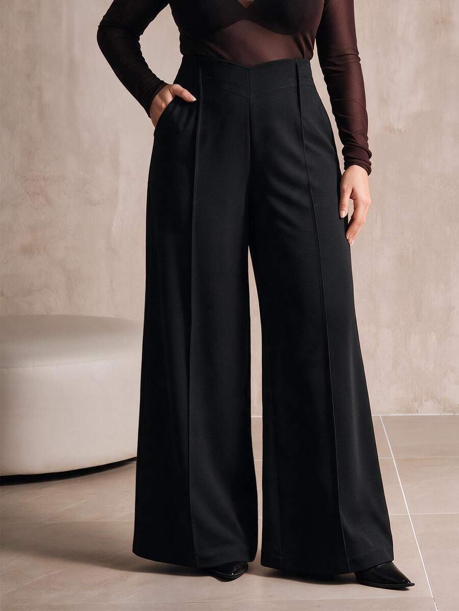 Anewsta Autumn/Winter New Solid Color Premium V-Shaped High Waist Fashion Pocket Flare Leg Pants For Women Plus Size - Black - View 1
