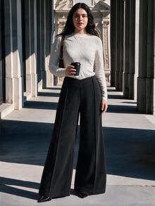 Anewsta Autumn/Winter New Solid Color Premium V-Shaped High Waist Fashion Pocket Flare Leg Pants For Women Plus Size - Black - View 2