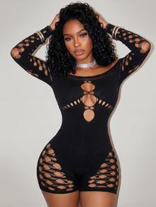 BamGleam Sexy Hollow Out Off-Shoulder Fitted Romper - Black - View 1