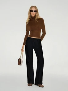 ATUI Studio Brown Shawl Two Pieces Set, Slim Fit High Neck Sweater, Cropped Long Sleeve Knit Top, Wool Blend, Minimalism Modern Effortless Chic Elevating Basics - Brown - View 6