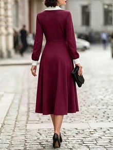 Balvessa Women's Vintage Intellectual Colorblock Pocket Waist-Cinching Dress For Office Commute - Red - View 2