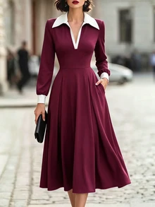 Balvessa Women's Vintage Intellectual Colorblock Pocket Waist-Cinching Dress For Office Commute - Red - View 5