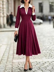 Balvessa Women's Vintage Intellectual Colorblock Pocket Waist-Cinching Dress For Office Commute - Red - View 8