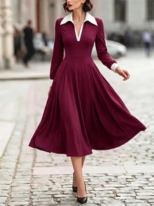 Balvessa Women's Vintage Intellectual Colorblock Pocket Waist-Cinching Dress For Office Commute - Red - View 6
