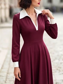 Balvessa Women's Vintage Intellectual Colorblock Pocket Waist-Cinching Dress For Office Commute - Red - View 3