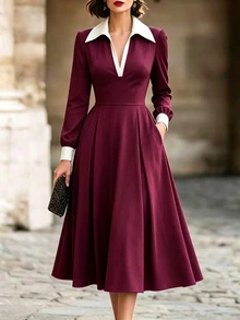 Balvessa Women's Vintage Intellectual Colorblock Pocket Waist-Cinching Dress For Office Commute - Red - View 1