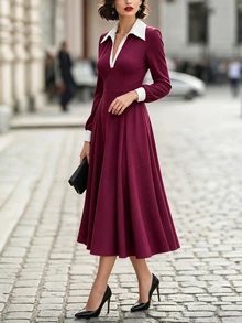 Balvessa Women's Vintage Intellectual Colorblock Pocket Waist-Cinching Dress For Office Commute - Red - View 7