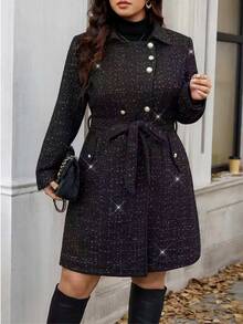 Reflora Plus Size Women's Lapel Neck Long Sleeve Double Breasted Elegant Business Casual Casual Smart Overcoat Office Evening Evening Evening Black Autumn - Black - View 8