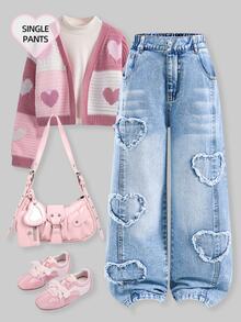 SHEIN Tween Girls Autumn/Winter Jeans Girlism Y2K Decadent Punk Style Girl's Loose Heart Patchwork Colorblock Wide Leg Light Blue Denim Pants, School, Street Style - Blue - View 9