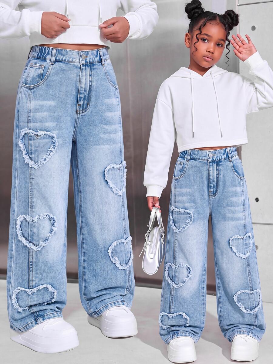 SHEIN Tween Girls Autumn/Winter Jeans Girlism Y2K Decadent Punk Style Girl's Loose Heart Patchwork Colorblock Wide Leg Light Blue Denim Pants, School, Street Style - Blue - View 1