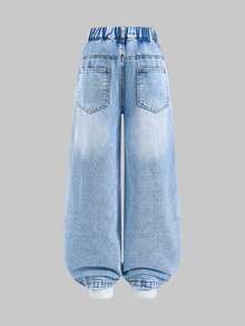 SHEIN Tween Girls Autumn/Winter Jeans Girlism Y2K Decadent Punk Style Girl's Loose Heart Patchwork Colorblock Wide Leg Light Blue Denim Pants, School, Street Style - Blue - View 2