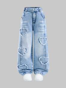 SHEIN Tween Girls Autumn/Winter Jeans Girlism Y2K Decadent Punk Style Girl's Loose Heart Patchwork Colorblock Wide Leg Light Blue Denim Pants, School, Street Style - Blue - View 3