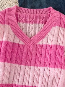 SHEIN Girls' Striped Colorblock Cable Knit V-Neck Pullover Sweater, Suitable For Autumn/Winter And Outdoor Wear - Pink - View 5
