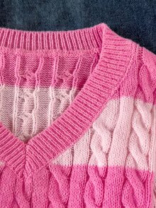 SHEIN Girls' Striped Colorblock Cable Knit V-Neck Pullover Sweater, Suitable For Autumn/Winter And Outdoor Wear - Pink - View 4