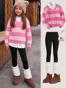 SHEIN Girls' Striped Colorblock Cable Knit V-Neck Pullover Sweater, Suitable For Autumn/Winter And Outdoor Wear - Pink - View 3