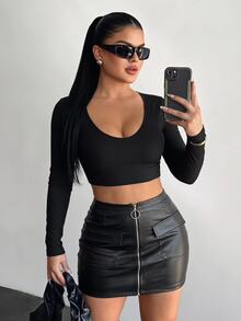 SHEIN SXY Solid Fitted Crop Tee Concert Long Autumn Prom Sexy Valentine Day Going Out Night Out Black - Black - View 3