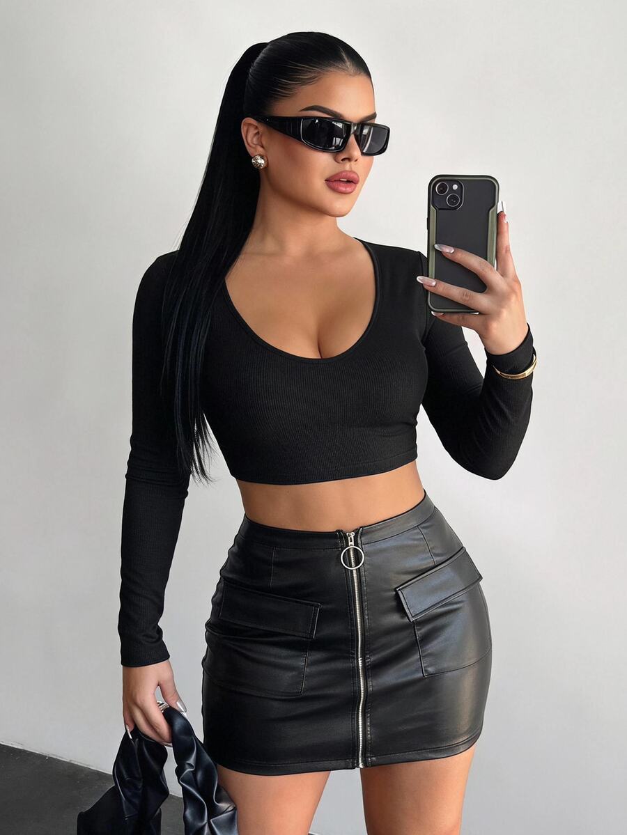 SHEIN SXY Solid Fitted Crop Tee Concert Long Autumn Prom Sexy Valentine Day Going Out Night Out Black - Black - View 1