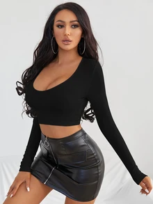 SHEIN SXY Solid Fitted Crop Tee Concert Long Autumn Prom Sexy Valentine Day Going Out Night Out Black - Black - View 8