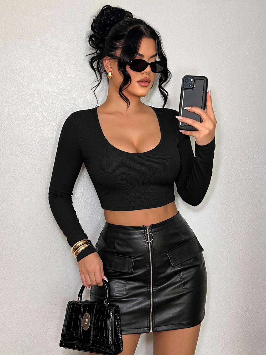 SHEIN SXY Solid Fitted Crop Tee Concert Long Autumn Prom Sexy Valentine Day Going Out Night Out Black