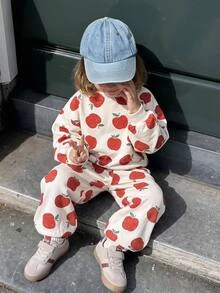 THE HAPPY LOOK 2pcs/Set Young Girl Cartoon Fruit Pattern Knit Soft Crew Neck Long Sleeve Pullover Sweatshirt And Elastic Waist Long Pants - Apricot - View 4