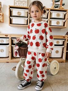 THE HAPPY LOOK 2pcs/Set Young Girl Cartoon Fruit Pattern Knit Soft Crew Neck Long Sleeve Pullover Sweatshirt And Elastic Waist Long Pants - Apricot - View 6