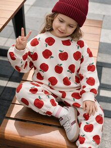 THE HAPPY LOOK 2pcs/Set Young Girl Cartoon Fruit Pattern Knit Soft Crew Neck Long Sleeve Pullover Sweatshirt And Elastic Waist Long Pants - Apricot - View 5
