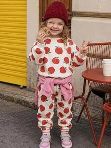THE HAPPY LOOK 2pcs/Set Young Girl Cartoon Fruit Pattern Knit Soft Crew Neck Long Sleeve Pullover Sweatshirt And Elastic Waist Long Pants - Apricot - View 1