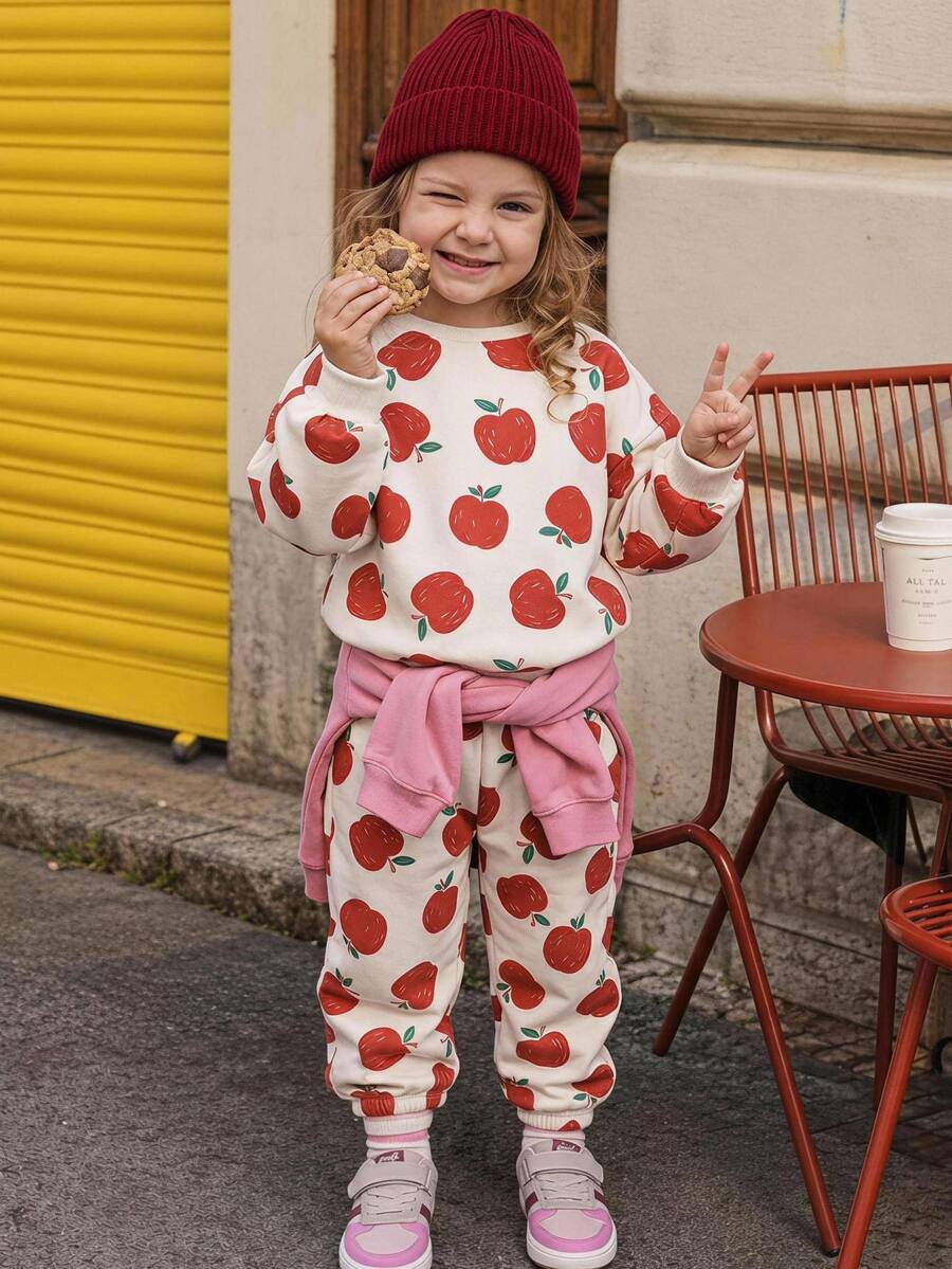 THE HAPPY LOOK 2pcs/Set Young Girl Cartoon Fruit Pattern Knit Soft Crew Neck Long Sleeve Pullover Sweatshirt And Elastic Waist Long Pants - Apricot - View 1