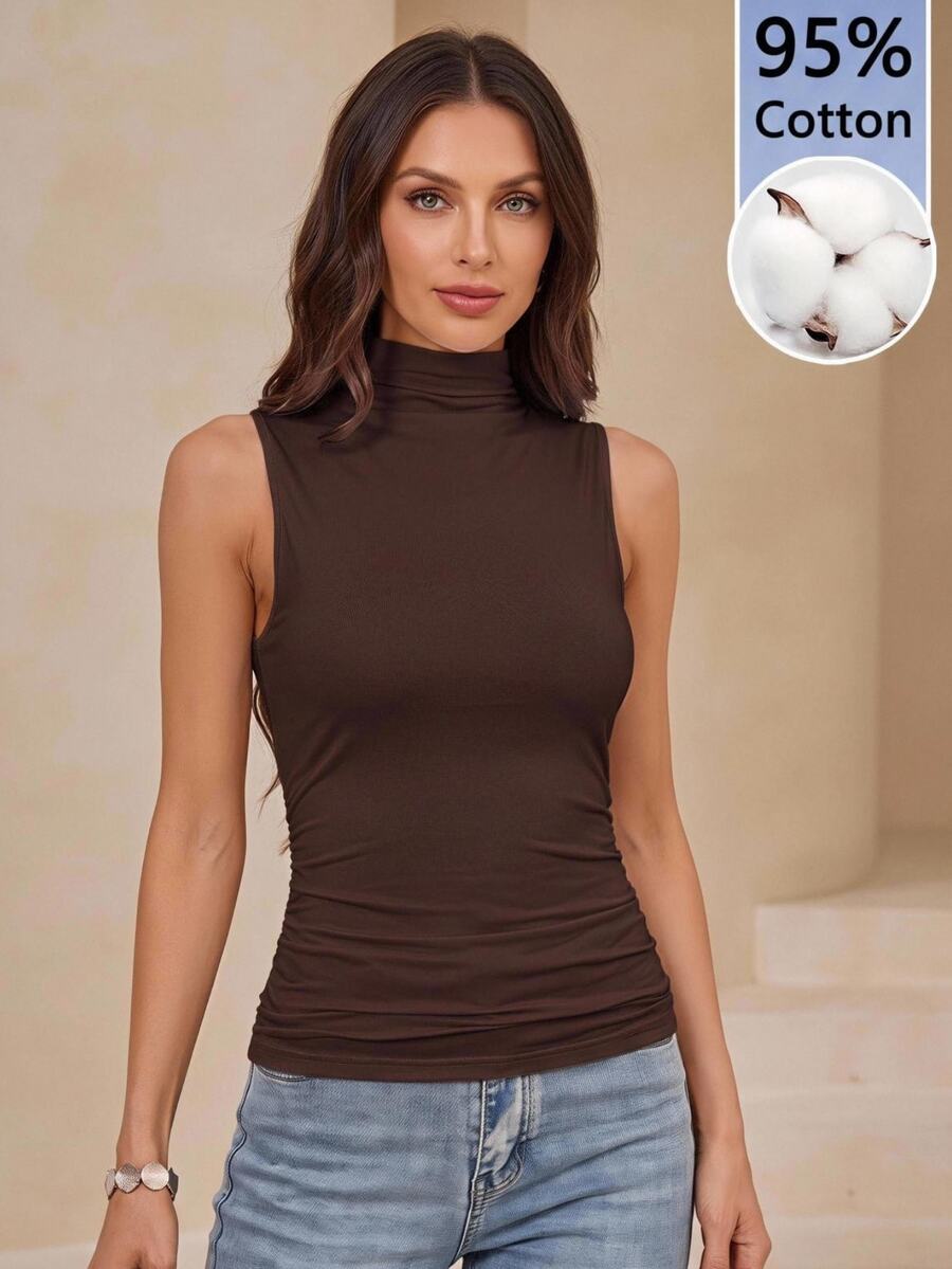 Amorya Women's Summer Casual Solid Color Stand Collar Tank Top - Coffee Brown - View 1