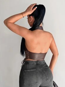 SHEIN SXY 皮革拼接深棕色豹紋掛脖上衣，夏季科技舞曲夜店狂歡束身胸衣上衣女款，Y2K豹紋托高胸衣 - 彩色 - 查看 4