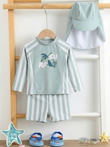 SHEIN 3件套男女宝宝休闲夏季度假椰树印花长袖短裤套装，含配套遮阳帽，适合春夏季穿着，居家、外出、旅行、海滩、泳池、派对等场合。 - 彩色 - 查看 9