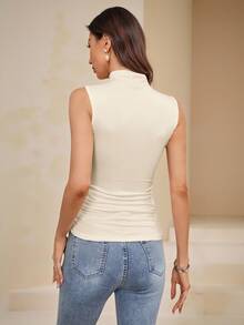 Amorya High-Neck Sleeveless Top With Pleated Back Design Business Casual Basic Woman Night Out Everyday Teacher Church Summer Beige - Apricot - View 2