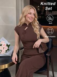 SHEIN MOD Setelan Wanita Chic Rajut Bergaris Cokelat Dua Potong Terdiri dari Atasan Kerah Mandarin dengan Ikatan Depan dan Celana Panjang Lebar dengan Pinggang Elastis, Set Santai, Celana dan Atasan - Coklat - View 4