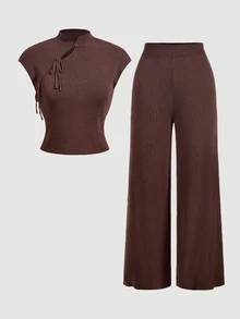 SHEIN MOD Setelan Wanita Chic Rajut Bergaris Cokelat Dua Potong Terdiri dari Atasan Kerah Mandarin dengan Ikatan Depan dan Celana Panjang Lebar dengan Pinggang Elastis, Set Santai, Celana dan Atasan - Coklat - View 5