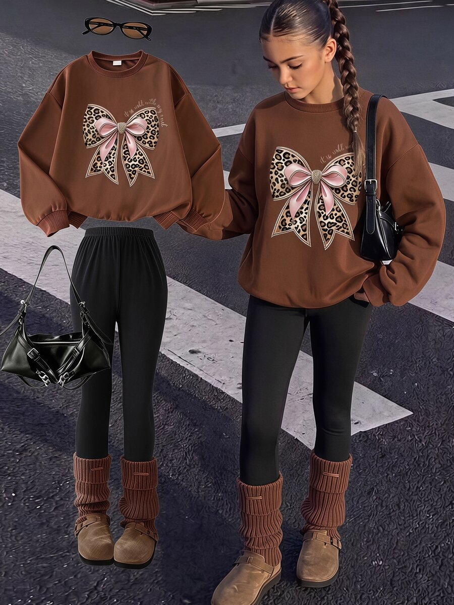 Vintage Sweet Maillard Brown & Pink Colorblock Sporty Style, Parent-Child Matching, Young Girl Casual Loose Drop Shoulder Long Sleeve Sweatshirt & Leggings Set, Street Retro Style, Comfortable & Cozy, Thermal Lined, Children Autumn Layering, Y2K, Sportswear Set, Outing, Street Photography, Chill - Multicolor - View 1