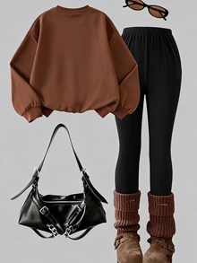 Vintage Sweet Maillard Brown & Pink Colorblock Sporty Style, Parent-Child Matching, Young Girl Casual Loose Drop Shoulder Long Sleeve Sweatshirt & Leggings Set, Street Retro Style, Comfortable & Cozy, Thermal Lined, Children Autumn Layering, Y2K, Sportswear Set, Outing, Street Photography, Chill - Multicolor - View 4