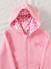 SHEIN Elladie kids 少女粉色拉鍊連帽外套，可愛蝴蝶結刺繡運動外套夾克，豹紋內裡，休閒可愛酷女孩校園職業日秋季款 - 粉色 - 查看 1