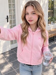 SHEIN Elladie kids 少女粉色拉鍊連帽外套，可愛蝴蝶結刺繡運動外套夾克，豹紋內裡，休閒可愛酷女孩校園職業日秋季款 - 粉色 - 查看 3