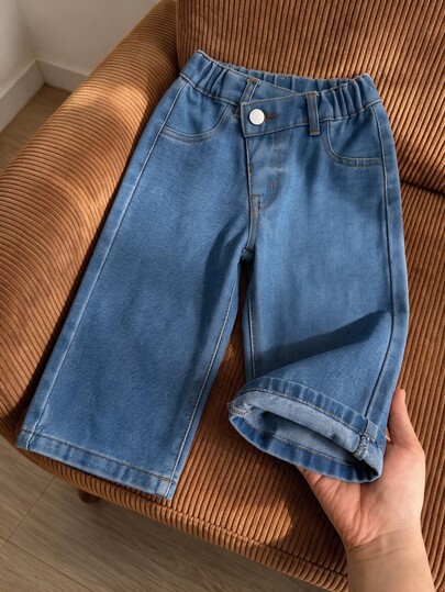 Baby Girl Overlap Waist Slant Pocket Wide Leg Jeans Autumn Winter
