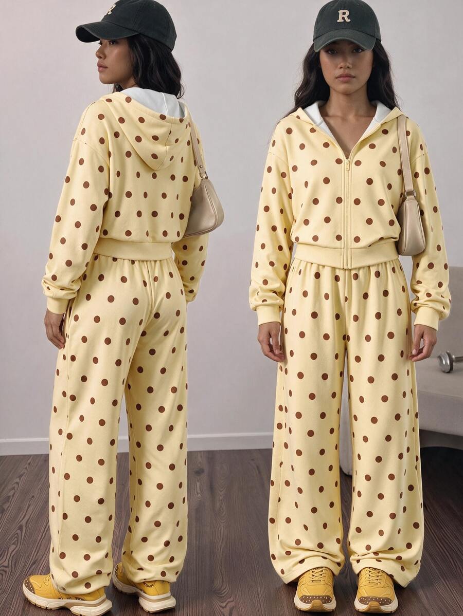 女童棕色波點拉鍊連帽外套與寬腿運動長褲兩件套,大童女孩度假運動秋季運動休閒運動服裝 - 彩色 - 查看 1