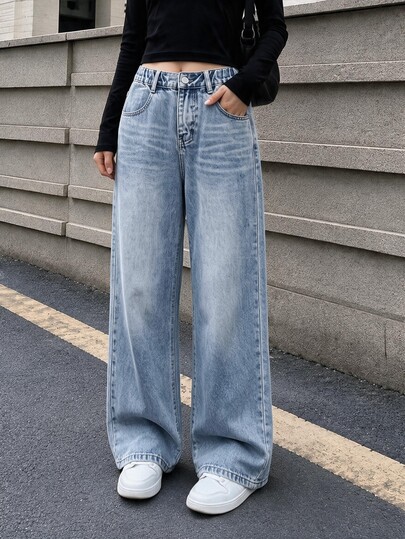 Girls' Denim Jeans, All-Season New Style, Fashion Casual, Vintage Mid-Blue Denim Color, Elastic Waist Design, Combined With Snow Wash Process, Loose Straight Wide-Leg Pants, Comfortable Fine Cotton Denim Fabric, Fashion Style, Suitable For Daily Wear, Gatherings, Travel And More Occasions, All-Season New Girls' Denim Jeans