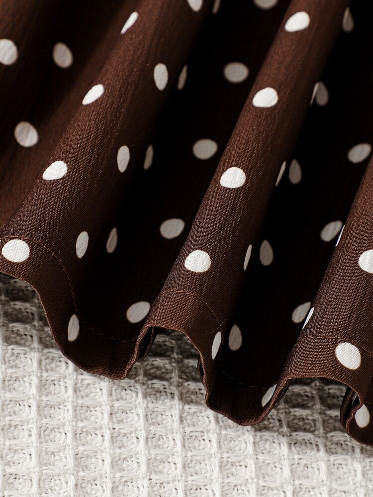 SHEIN Elladie kids Girls' Vintage Fairy Cowgirl Coffee Brown Polka Dot Puff Long Sleeve Dress Layered Cake Skirt Thanksgiving Mommy And Me 7th Birthday Autumn - Brown - View 10