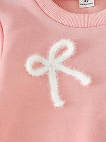 SHEIN Elladie kids 女童新款運動衫布料蓮花粉長袖洋裝，附蝴蝶結緞帶裝飾，適合日常休閒、優雅、度假與戶外穿著 - 粉色 - 查看 5