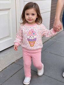 Baby Girl 2 Pieces Set Fashion Casual Colorful Heart & Ice Cream Print Crew Neck Long Sleeve Sweatshirt & Leggings Pants Set, Soft Fabric, Suitable For Outings In Autumn/Winter - Multicolor - View 1