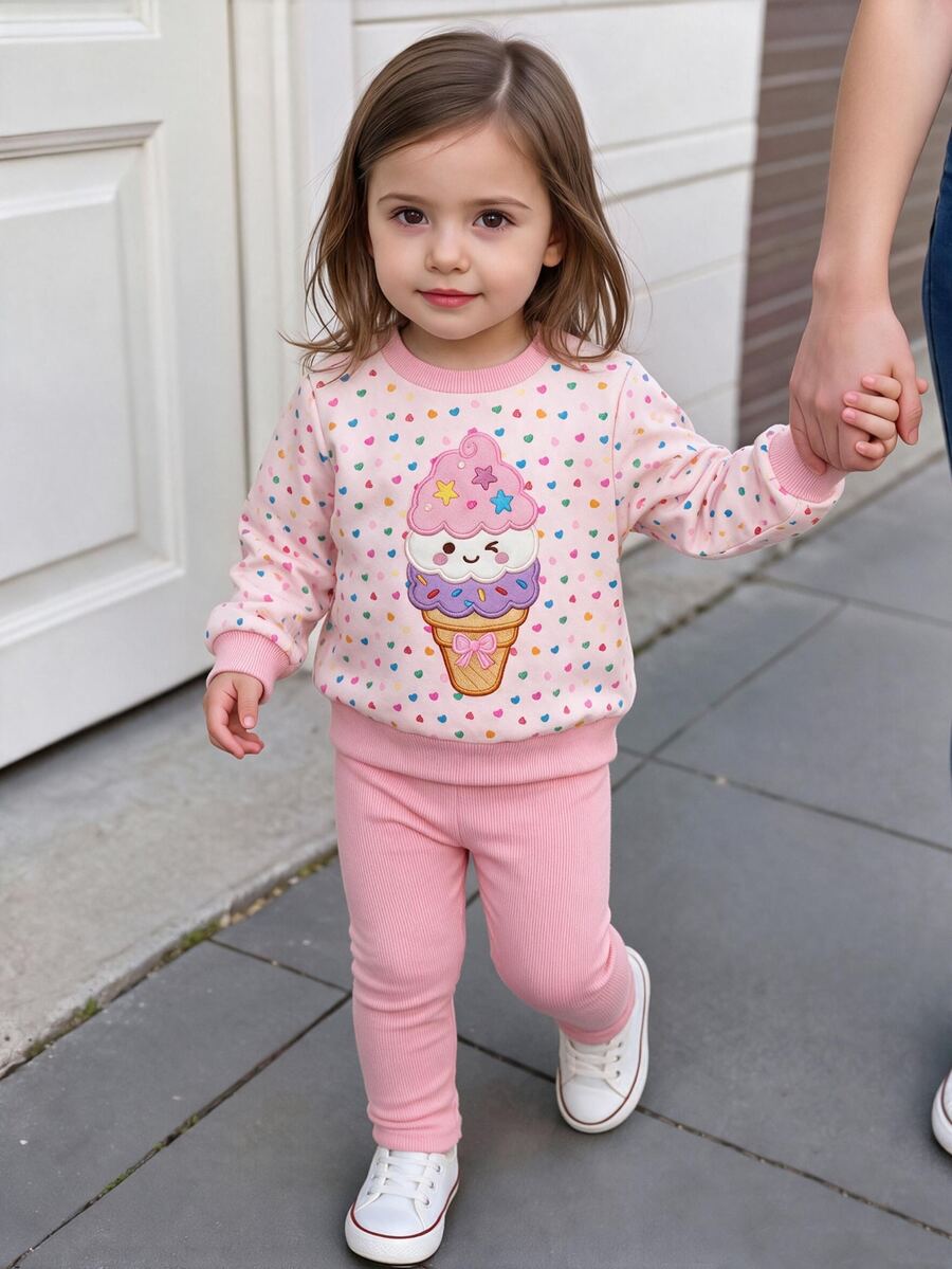 Baby Girl 2 Pieces Set Fashion Casual Colorful Heart & Ice Cream Print Crew Neck Long Sleeve Sweatshirt & Leggings Pants Set, Soft Fabric, Suitable For Outings In Autumn/Winter - Multicolor - View 1