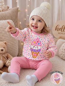 Baby Girl 2 Pieces Set Fashion Casual Colorful Heart & Ice Cream Print Crew Neck Long Sleeve Sweatshirt & Leggings Pants Set, Soft Fabric, Suitable For Outings In Autumn/Winter - Multicolor - View 8