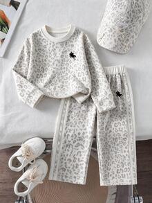 YOUNG GIRL Leopard Print Polo Collar Long Sleeve Top + Side Stripe Long Pants Set, Casual 2 Pieces Outfit Cheetah Print, Birthday White Autumn - Multicolor - View 2