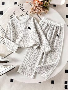 YOUNG GIRL Leopard Print Polo Collar Long Sleeve Top + Side Stripe Long Pants Set, Casual 2 Pieces Outfit Cheetah Print, Birthday White Autumn - Multicolor - View 4