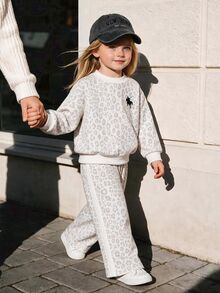 YOUNG GIRL Leopard Print Polo Collar Long Sleeve Top + Side Stripe Long Pants Set, Casual 2 Pieces Outfit Cheetah Print, Birthday White Autumn - Multicolor - View 1